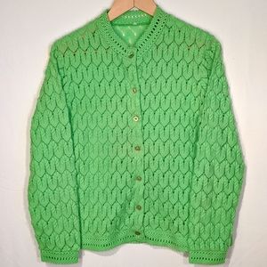 Vintage 1960's lime green leaf knit design cardigan
